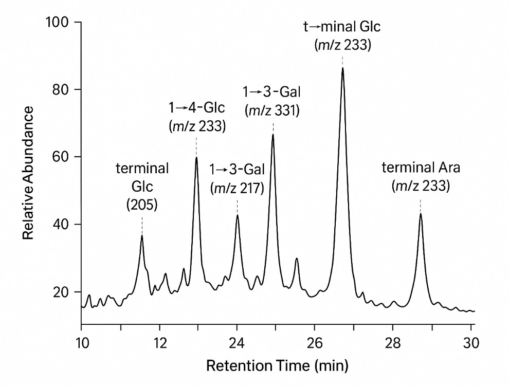 GC–MS chromatogram showing PMAA peaks with labeled glycosidic linkages and m/z values across retention time