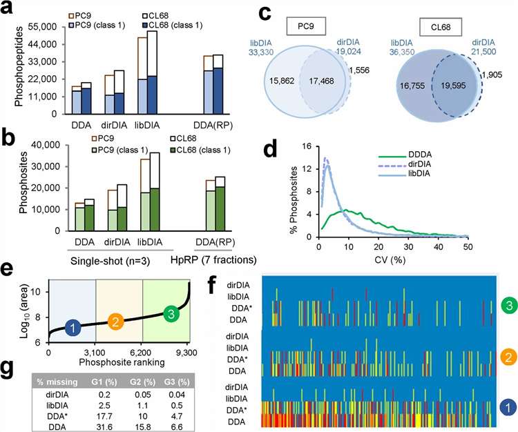 Comparison of phosphosite identification overlap and coefficient-of-variation performance across DDA, direct DIA, and library-based DIA workflows.