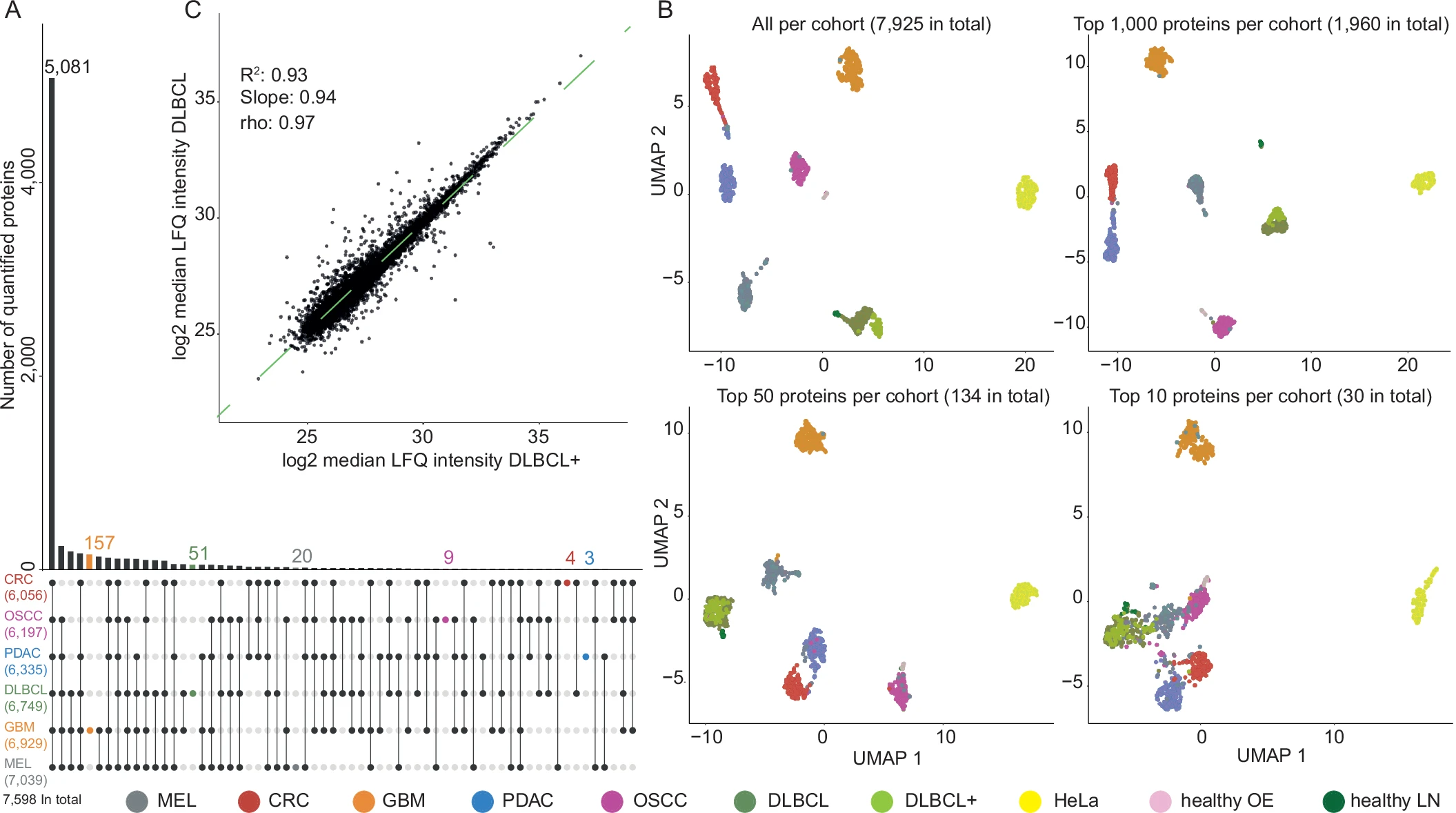 UMAP clustering of 1,220 FFPE proteomes by cancer type