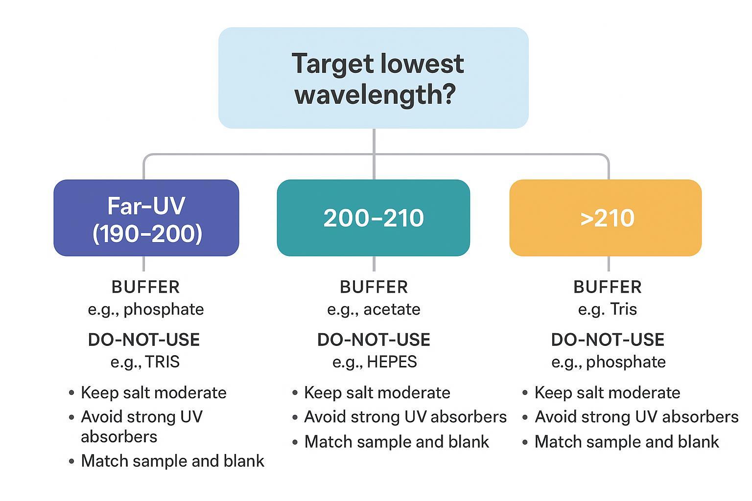Far-UV CD buffer compatibility decision tree showing UV cutoff constraints and how to choose buffers for 190–210 nm measurements.