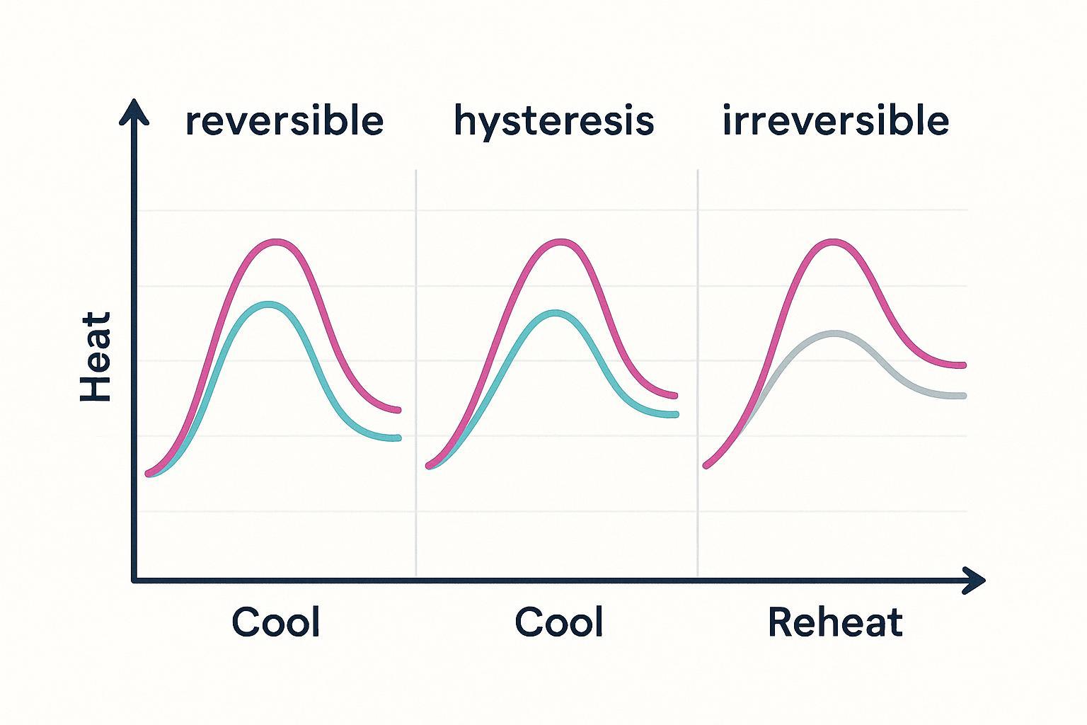 Schematic CD thermal melt curves illustrating reversible, hysteretic, and irreversible unfolding—key to interpreting Tm and avoiding ranking errors.