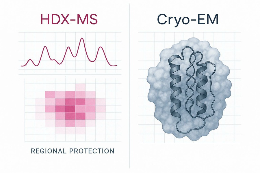 Cover image contrasting HDX-MS peptide-level dynamics plots with a cryo-EM 3D density map