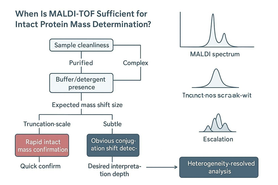 Decision workflow figure showing when MALDI-TOF is sufficient for intact protein mass and when to escalate to ESI-/LC-MS