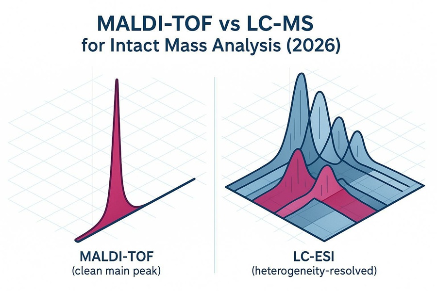 Cover image contrasting MALDI-TOF clean peak vs LC-ESI heterogeneity-resolved spectra for intact mass analysis