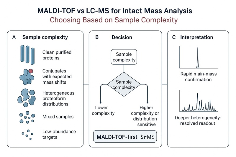 Decision workflow comparing MALDI-TOF and LC-MS for intact mass analysis based on sample complexity