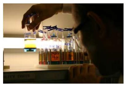 Fig 2. Dr. Tim Sandle inspecting a membrane filtration test chamber.