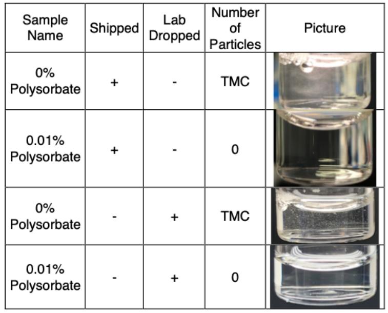 Fig 1. Visible particles in shipped and lab dropped vials.