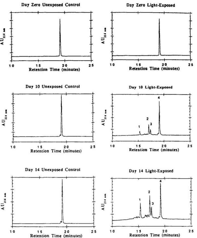 Fig 3. Reversed-phase HPLC analysis of synthetic human relaxin exposed to 3600 foot-candles of light for 0, 10, and 14 days.