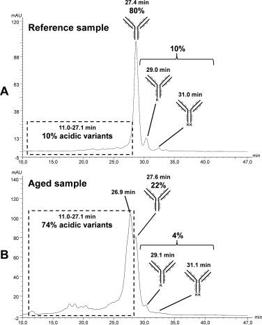 Fig 2. Ion exchange chromatograms of the reference sample (A) and the degraded sample (B) with UV detection at 280 nm.