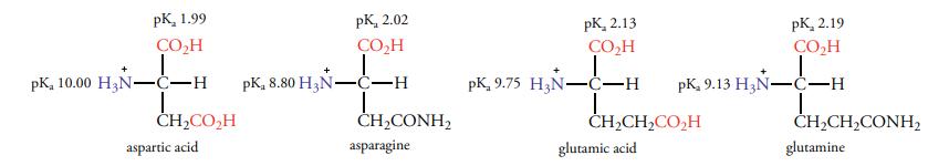 Fig 2. The difference between the pKa values of aspartic acid and asparagine is larger than the difference between the pKa values of glutamic acid and glutamine.