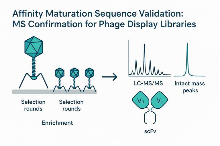 A four-layer verification pyramid diagram showing DNA sequencing (Sanger/NGS) at the base, MS Bottom-Up above it, functional validation (SPR/BLI) next, and intact mass at the peak, with corresponding outputs and decision thresholds annotated for each layer