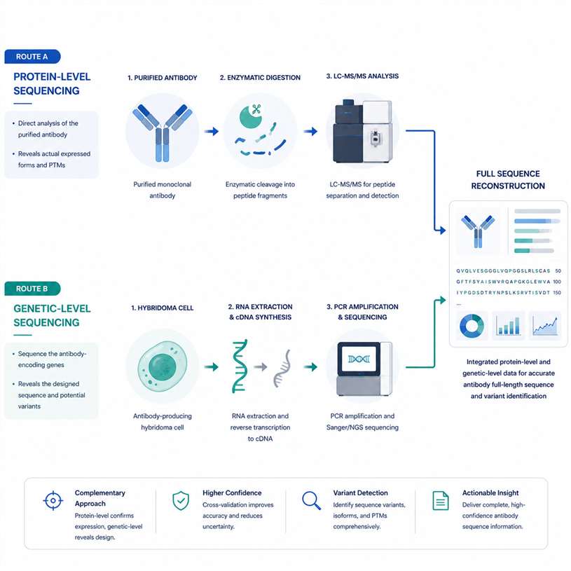 Antibody sequencing workflow concept showing antibody protein-level and genetic sequencing routes.