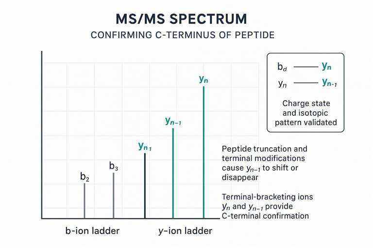 MS/MS schematic highlighting terminal-confirming ions near the C-terminus