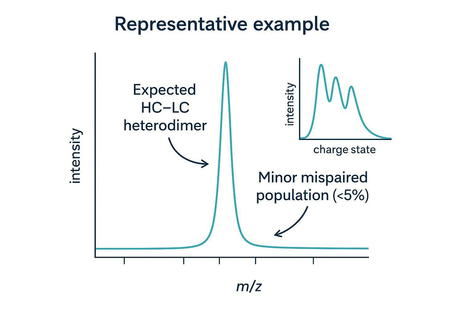Representative example spectrum-style graphic showing an expected HC–LC heterodimer peak and a minor mispaired population peak.