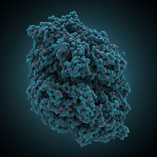 Microscopic 3D render of a protein structure with intricate folds and molecular bonds in a deep navy and teal clinical atmosphere.