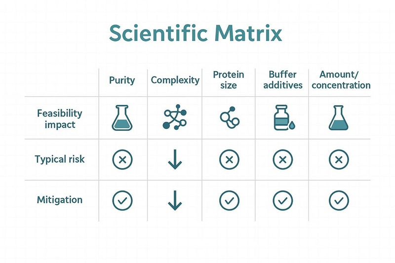 Matrix summarizing how purity, complexity, protein size, buffer additives, PTMs, and amount influence nanopore protein sequencing feasibility