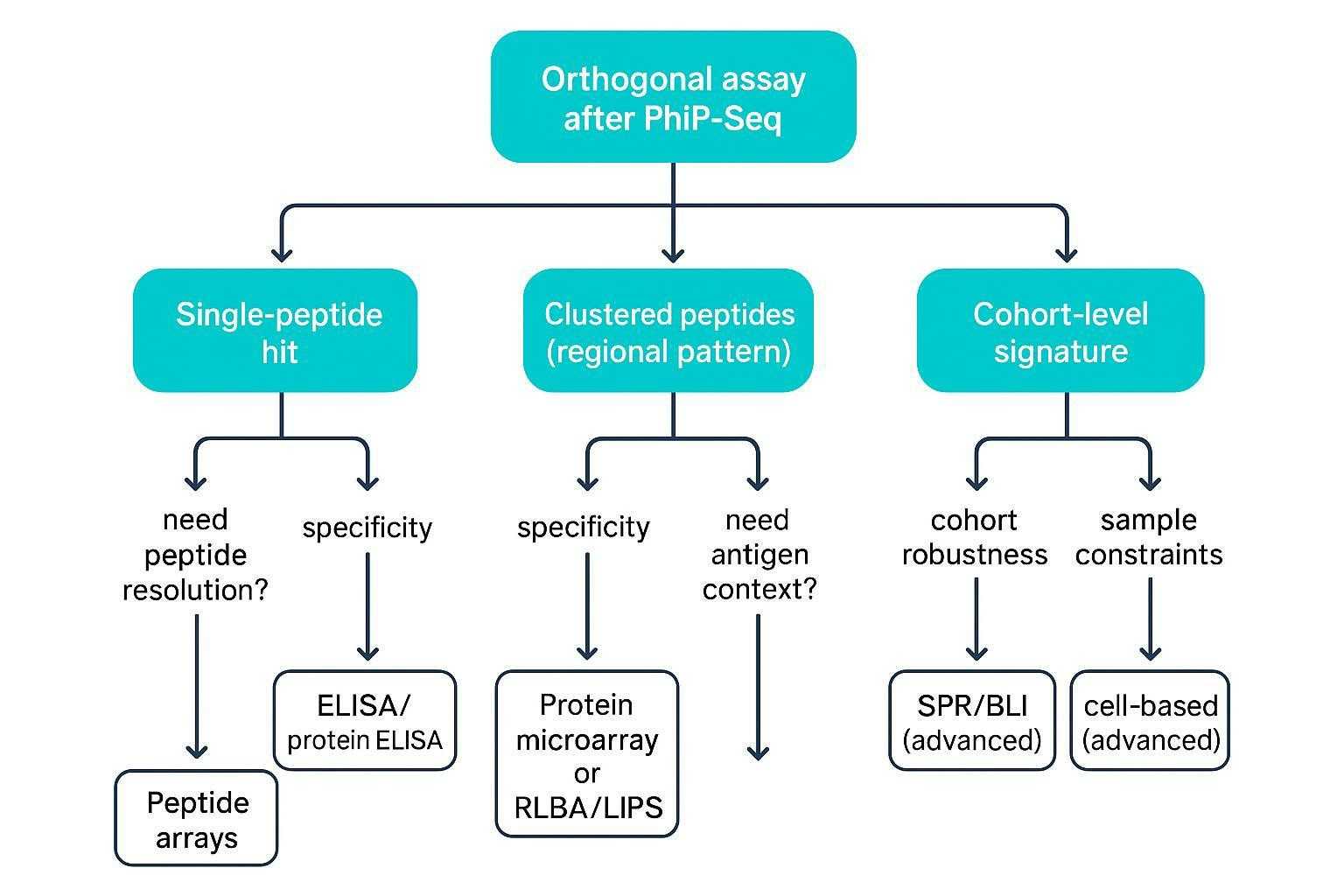Decision tree mapping PhIP-Seq finding types to orthogonal assay choices based on objective and constraints