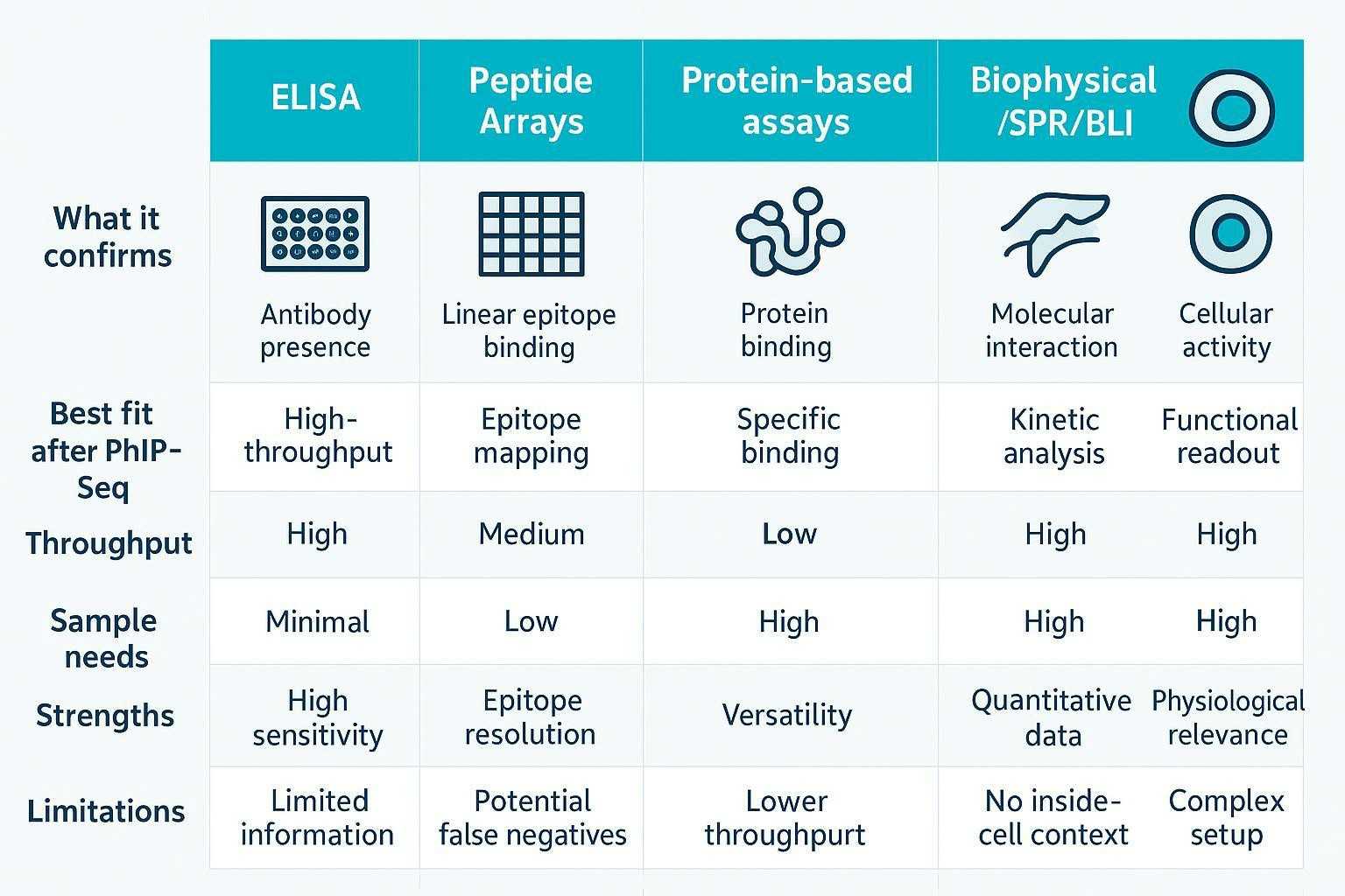Infographic comparing ELISA, peptide arrays, protein assays, SPR/BLI, and cell-based assays by confirmation goal, fit, throughput, inputs, strengths, and limitations