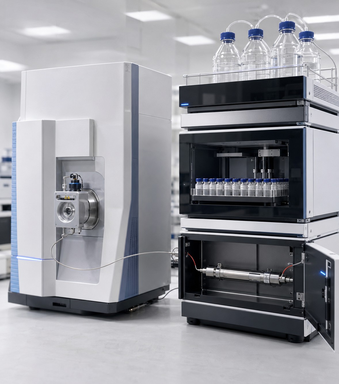 Close-up of UHPLC and Orbitrap mass spectrometer instrumentation used for high-resolution peptide mapping analysis.