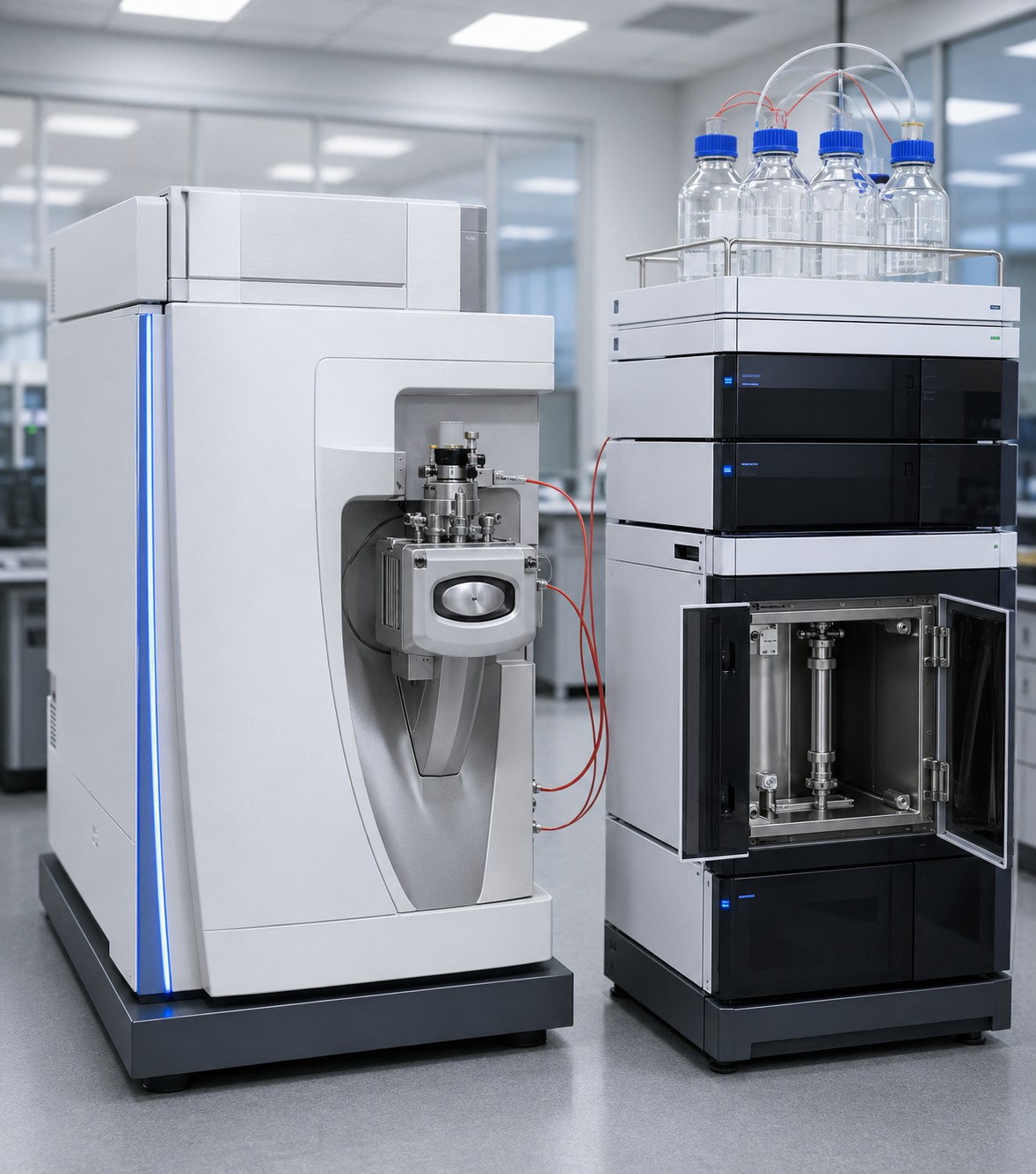High-performance liquid chromatography and mass spectrometry instrumentation in a clean analytical laboratory.