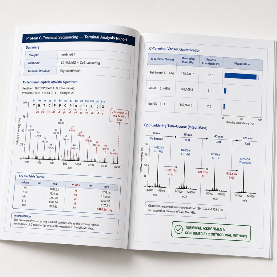 Open analytical report booklet showing C-terminal sequencing results — annotated MS/MS spectrum with b/y ions, variant quantification table, and laddering time-point mass data.