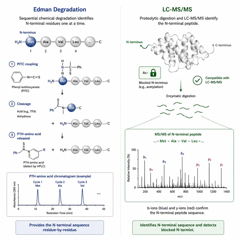 Scientific illustration showing N-terminal sequencing — Edman degradation chemical cycle on the left and LC-MS/MS fragmentation spectrum with b/y ion series on the right.