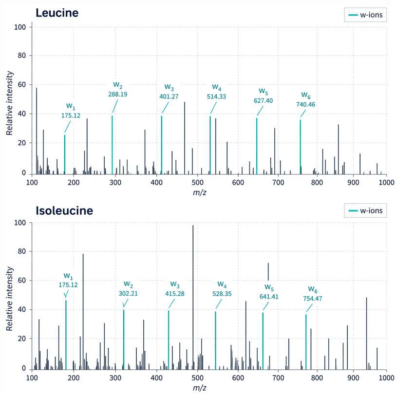 High-resolution MS/MS spectra demonstrating Leu/Ile differentiation via specific w-ions.
