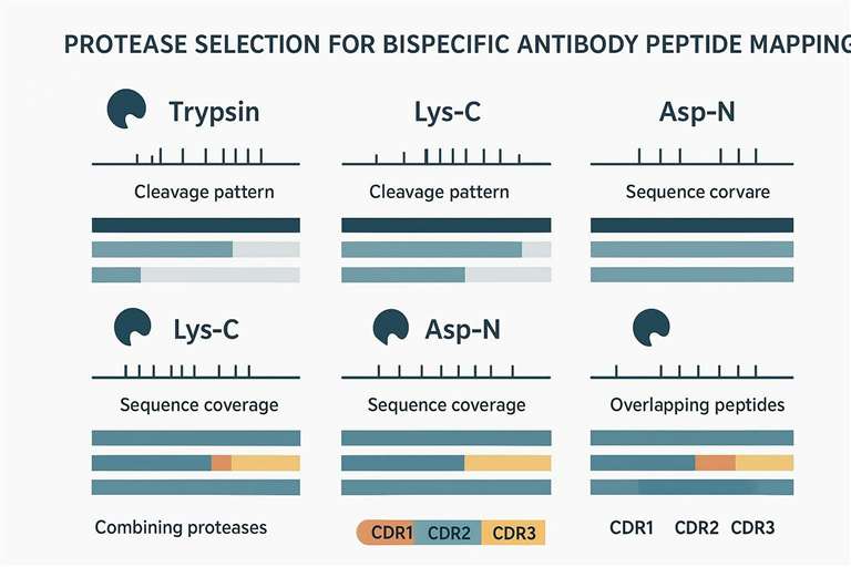 A comparative protease chart showing Trypsin, Lys-C, and Asp-N cleavage patterns on a model bsAb sequence, with CDR region coverage highlighted in color-coded bars for each arm