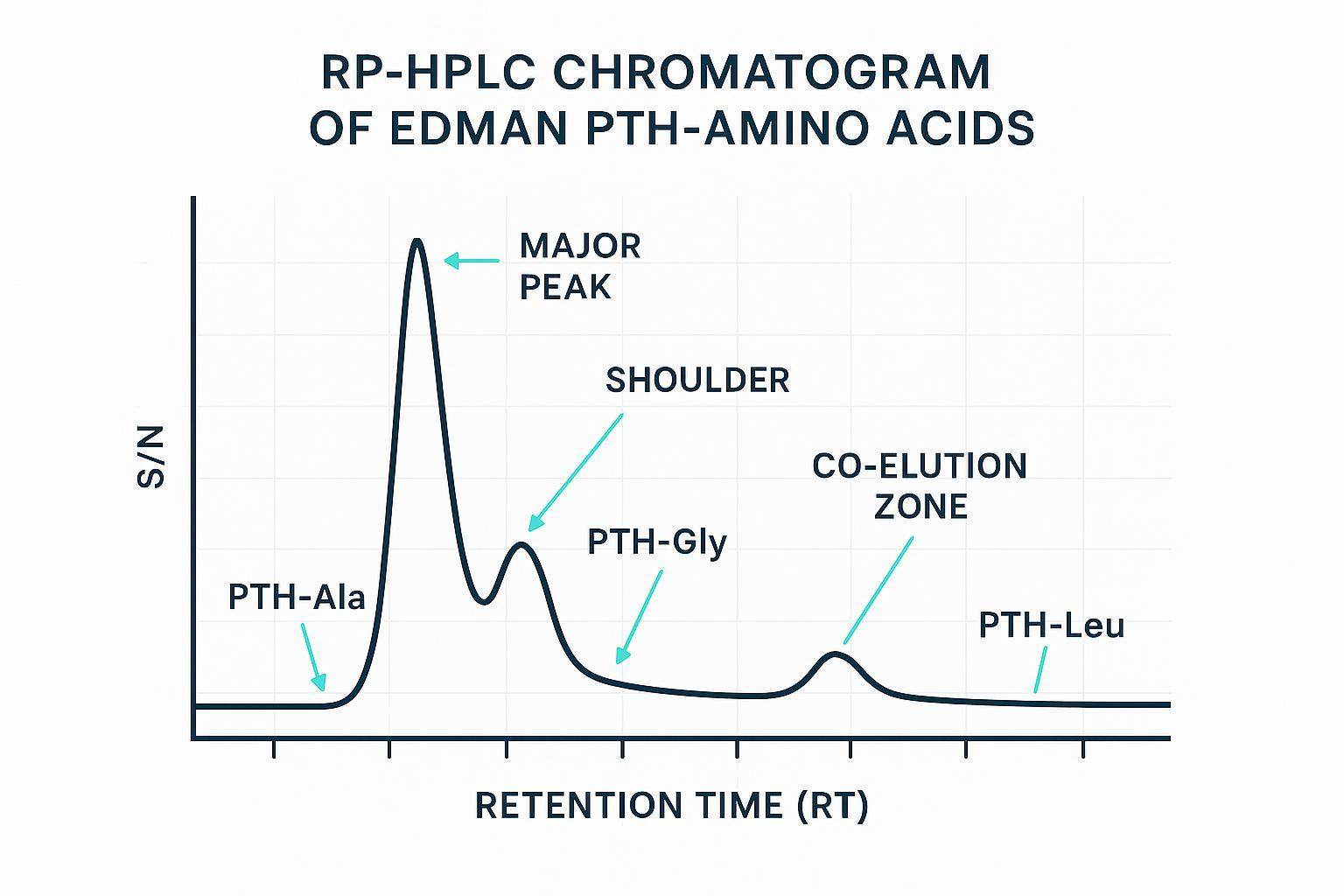 Annotated HPLC chromatogram highlighting baseline, major peak, shoulder, co-elution zone, retention time markers, and S/N for Edman PTH-amino acids