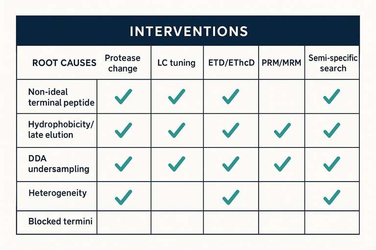Matrix mapping root causes of missing C-terminus to effective interventions with checkmarks.