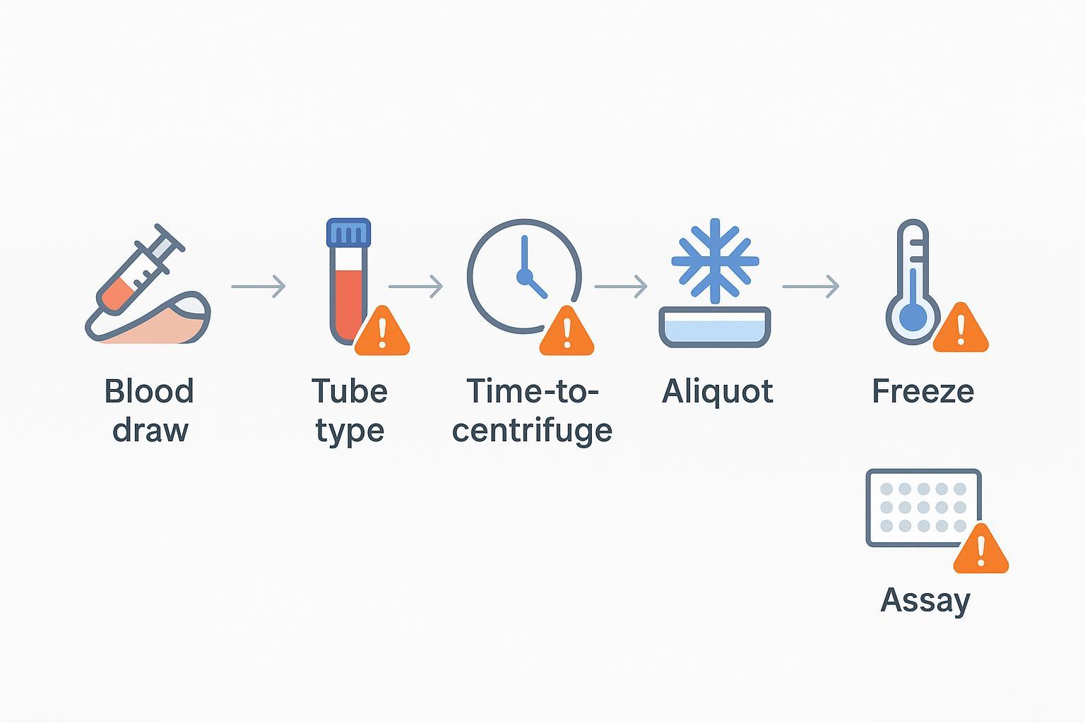 Workflow diagram of plasma biomarker handling with risk points highlighted.