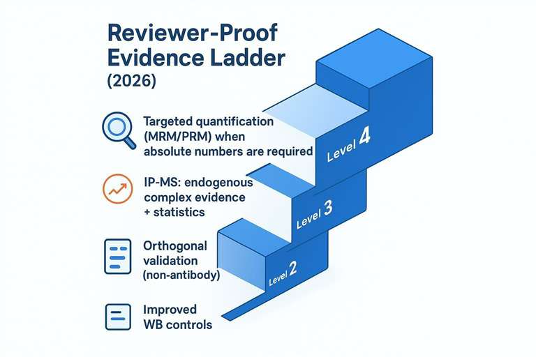 Evidence ladder showing why Western blot is not enough and when ip followed by mass spectrometry strengthens validation.