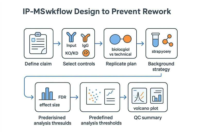 IP‑MS workflow design diagram with negative controls, replicate planning, and QC checkpoints for reproducible results.