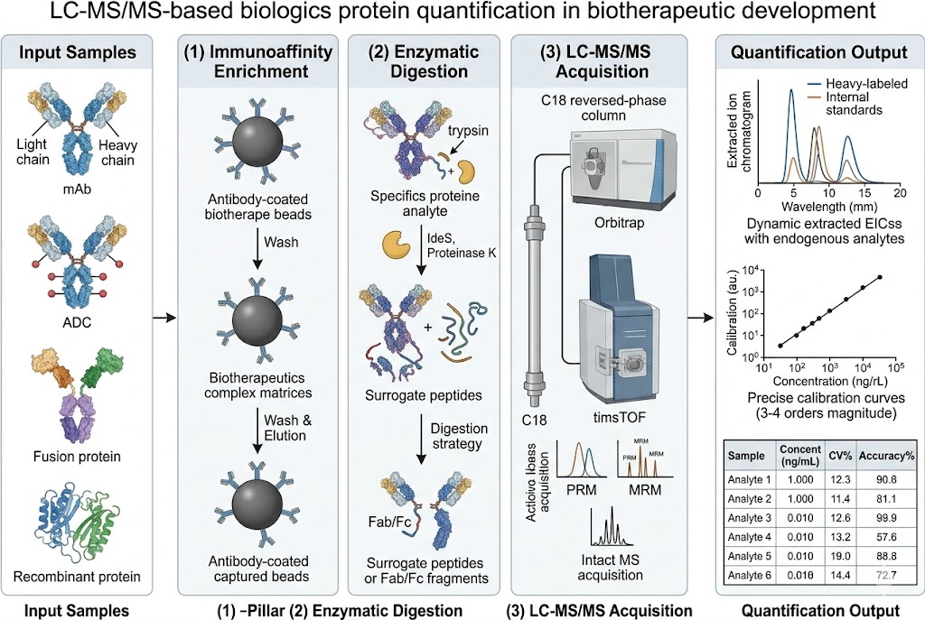 Biologics protein quantification workflow showing three integrated LC-MS/MS approaches for monoclonal antibodies, ADCs, fusion proteins, and recombinant protein quantification in biotherapeutic development