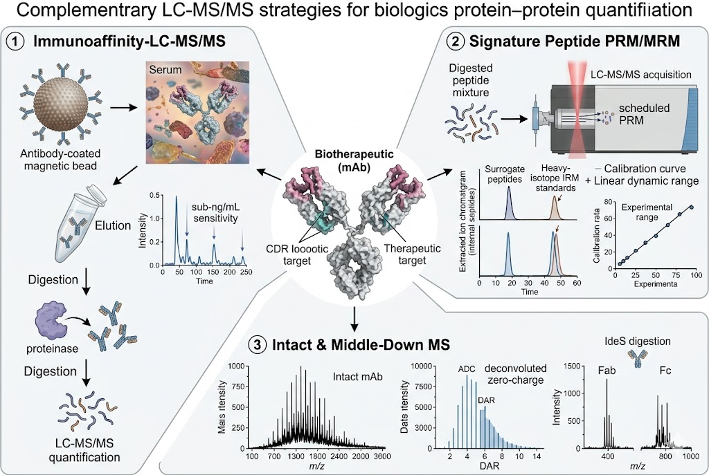 Three complementary LC-MS/MS strategies for biologics quantification: immunoaffinity-LC-MS/MS, signature peptide PRM/MRM, and intact/middle-down mass spectrometry for comprehensive biotherapeutic analysis