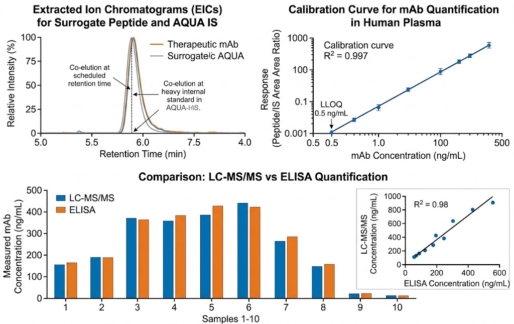 Monoclonal antibody quantification data showing extracted ion chromatograms for surrogate peptide with internal standard, calibration curve, and cross-method comparison with ELISA