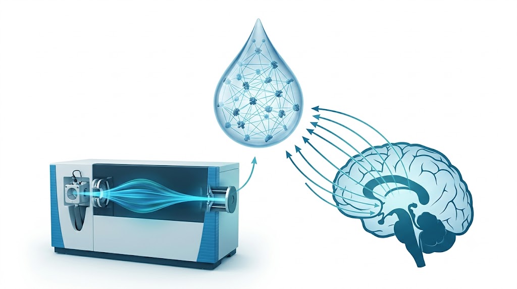 Cerebrospinal fluid proteomics concept: CSF droplet with protein networks, LC-MS instrument background, Nature journal scientific illustration style