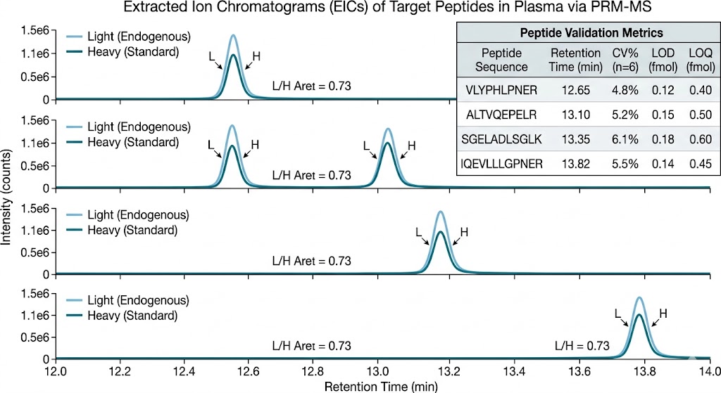 PRM extracted ion chromatograms: overlaid traces of endogenous and heavy peptide standards for 6 CSF biomarker candidates with peak area ratios annotated