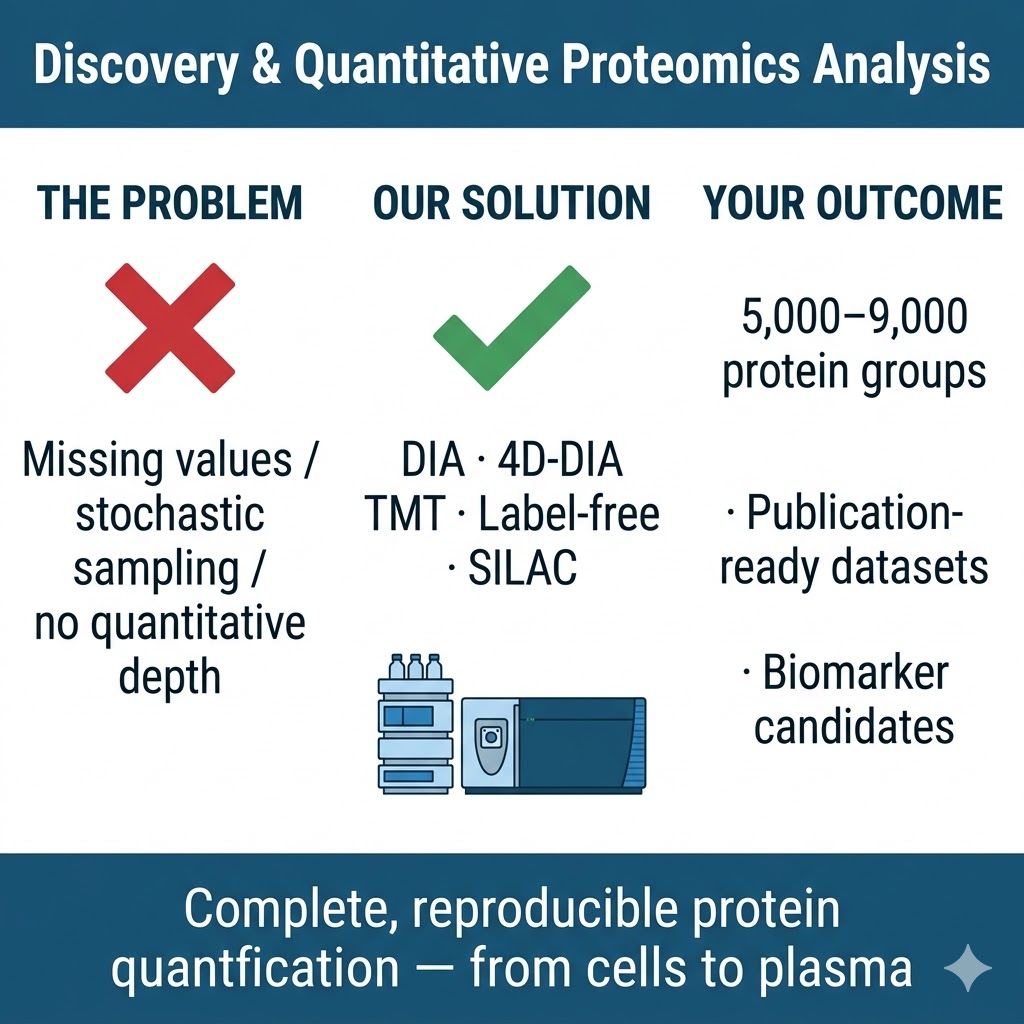 Discovery and quantitative proteomics service overview — DIA, TMT, label-free, SILAC workflow comparison