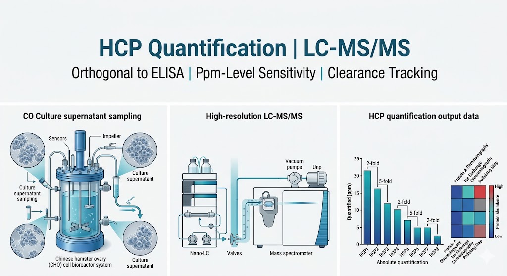 HCP quantification workflow: CHO cell culture harvest through mAb purification to LC-MS/MS HCP identification and quantification