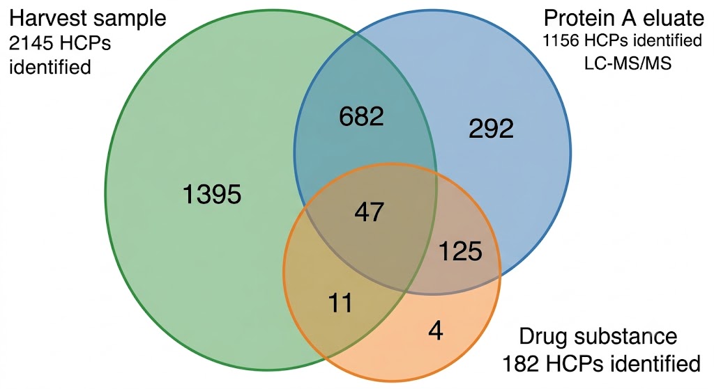 Venn diagram of HCPs identified across CHO harvest, Protein A eluate, and drug substance showing overlap