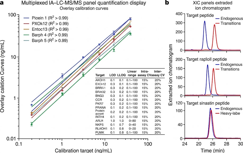 Multiplexed IA-LC-MS/MS quantification of 15 plasma protein targets showing individual calibration curves with LOD values and CVs for each target in a single multiplexed panel assay