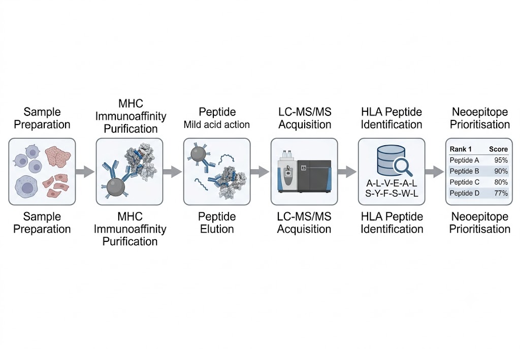 Immunopeptidomics workflow showing MHC peptide elution, LC-MS/MS analysis, and bioinformatics pipeline