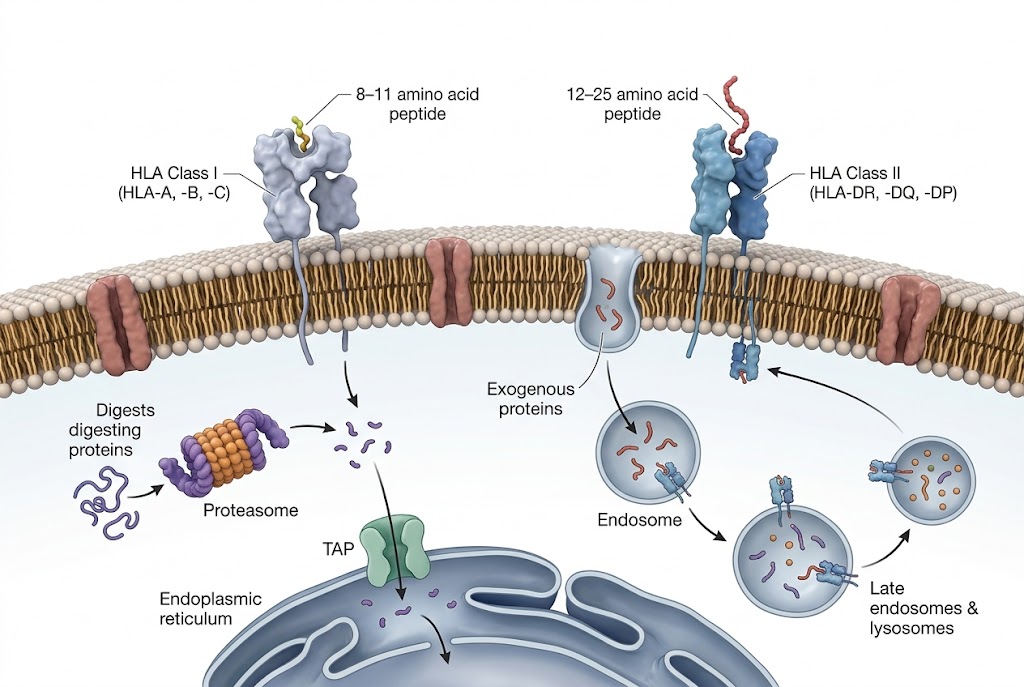 HLA class I and class II peptide presentation on cell surface