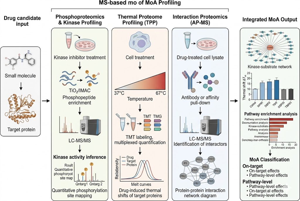 MoA profiling workflow showing three parallel MS-based approaches: phosphoproteomics and kinase profiling, thermal proteome profiling, and interaction proteomics for comprehensive drug mechanism of action analysis