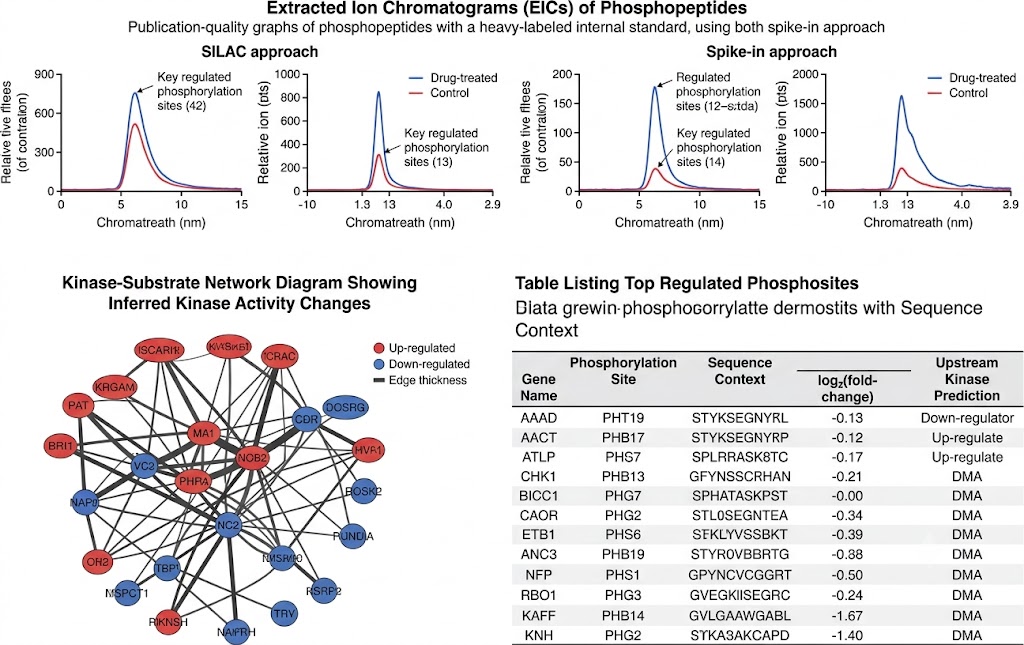 Phosphoproteomics kinase profiling data showing regulated phosphosites, kinase activity inference, and pathway enrichment results