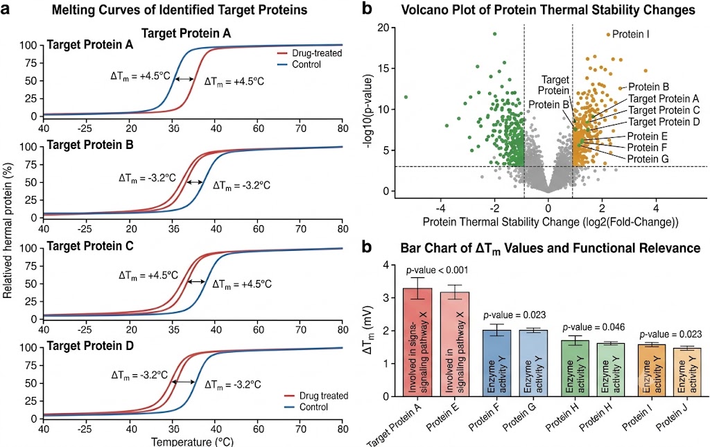 TPP thermal shift data showing melt curves for target proteins and proteome-wide thermal stability changes upon drug treatment
