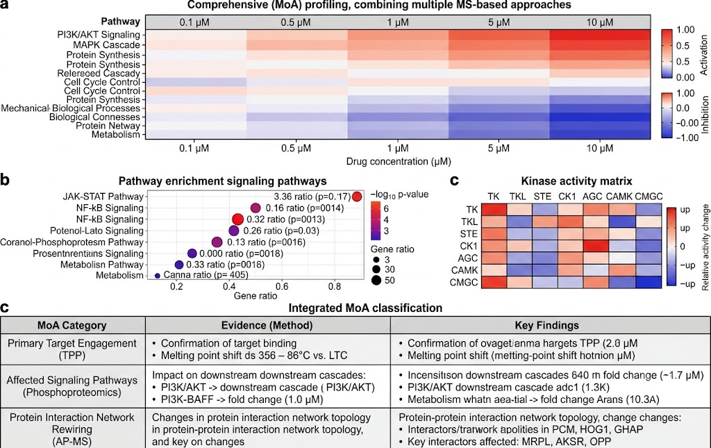 Integrated MoA profiling summary showing multi-platform heatmap, pathway enrichment, and MoA classification results