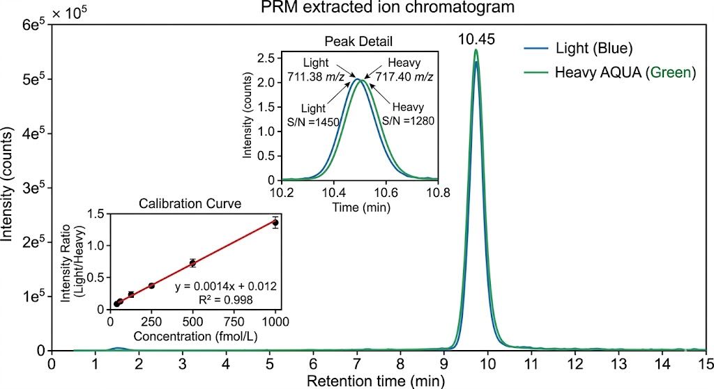 Scheduled PRM chromatograms for a 50-plex biomarker verification panel showing co-eluting endogenous and AQUA internal standard peptide pairs across four orders of magnitude in abundance
