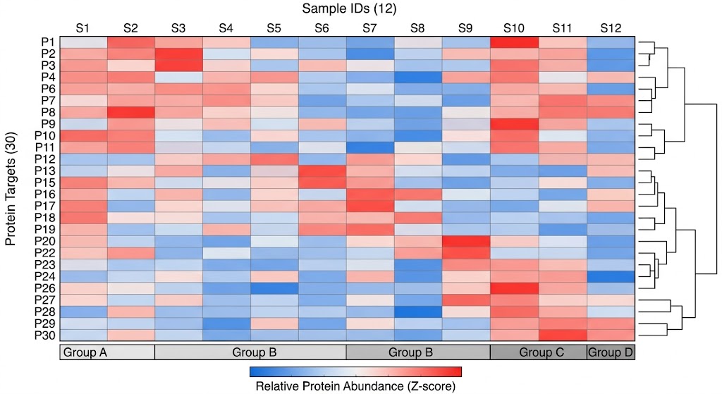 Heatmap visualisation of a 30-target pathway profiling panel across dose-response experiment showing coordinated pathway modulation with dose-dependent protein abundance changes